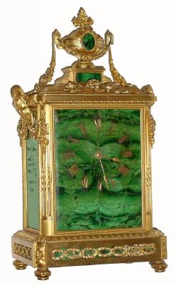 C.1870, French, Japy Freres, Malachite &amp; Ormolu mantel clock in good condition. — Antique Clocks Price Guide