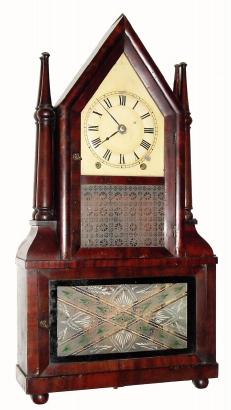 C.1845, Birge &amp; Fuller, Bristol, Conn., wagon spring, 8-day mahogany steeple on frame with candle finials (4) in very nice condition with an original finish. — Antique Clocks Price Guide