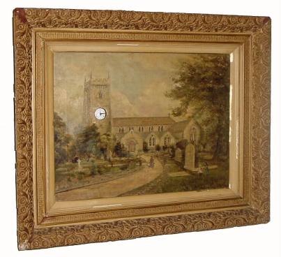 C.1870, French, Picture Clock, the small clock dial showing through a hole in the canvas, situated to give the appearance of being the clock in the church bell tower, and in generally fair to good original condition. — Antique Clocks Price Guide