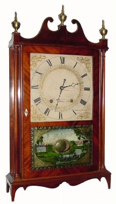 C.1825 E. Terry &amp; Sons, Plymouth, Conn., 30-hour time/strike mahogany pillar &amp; scroll shelf clock in good condition with an original dial, glasses, hands and finials. — Antique Clocks Price Guide