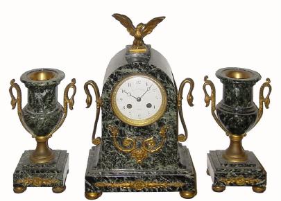 C.1890, French, Japy, Marble &amp; Bronze, 3-piece mantel set in very good original condition. — Antique Clocks Price Guide