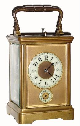 C.1890, French, L. LeRoy &amp; Cie, Brass Cased Carriage Clock, time, strike and repeat, in a plain corniche case and in good condition with good dials and beveled glass. — Antique Clocks Price Guide