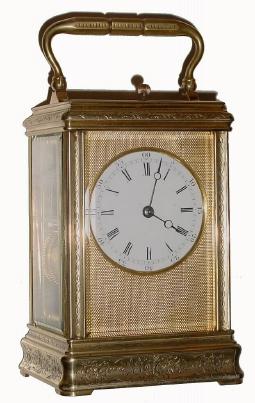 C.1900, French, Drocourt, Brass Cased Carriage Clock, Time, Strike &amp; Repeat in a well engraved case with floral accents, the gilding all polished off, but still in very good condition. — Antique Clocks Price Guide