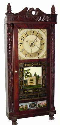 C.1835, Silas Hoadley, Plymouth, Conn., 30-hour wood movement time/strike/alarm carved column and splat shelf clock. — Antique Clocks Price Guide