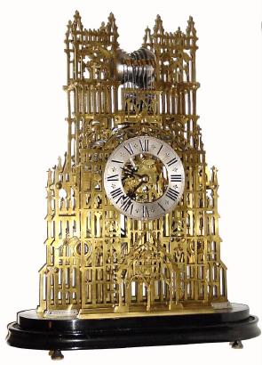 C.1875, W. F. Evans, Birmingham, 3-fusee, 8-bell quarter chime skeleton clock in the form of Westminster Abbey. — Antique Clocks Price Guide