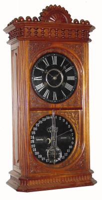 C.1880, Ithaca Calendar Clock Co., "No. 13, Shelf Kildare", 30 day time and perpetual calendar, in mahogany, and in excellent to outstanding original condition. — Antique Clocks Price Guide