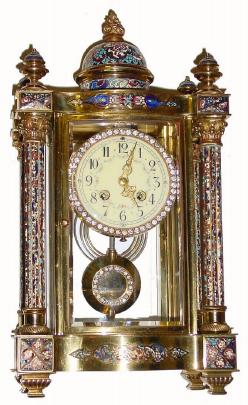 C.1905, French, Fancy Crystal regulator with profuse enameling, and with brilliant sash and pendulum. — Antique Clocks Price Guide