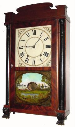 C.1835, Silas Hoadley, Plymouth, Conn., 30-hour wood movement time/strike half-column and splat shelf clock. — Antique Clocks Price Guide