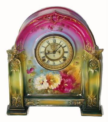 C.1912, Ansonia Clock Co., "La Vire", Royal Bonn porcelain china clock in excellent original condition (dirty, needs clean). — Antique Clocks Price Guide