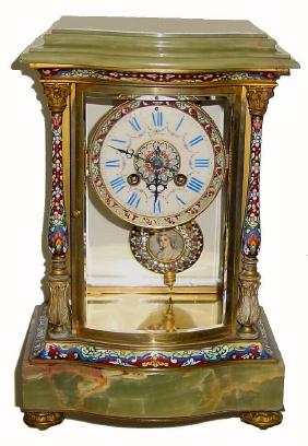 C.1900, French, Onyx &amp; Brass, Bow Front crystal regulator with Corinthian columns and profuse enamel inlay, including portrait pendulum with both enamel and brilliant ring. This clock is in good original condition. — Antique Clocks Price Guide