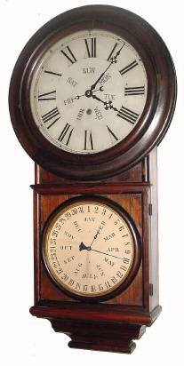 C.1878, Welch, Spring &amp; Co., Forestville, Conn., "Round Head Regulator No. 4" 8-day calendar timepiece. — Antique Clocks Price Guide