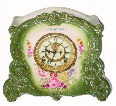 C.1905, Ansonia Clock Co., "La Corsica", Royal Bonn porcelain mantel clock in green and in very good original condition. — Antique Clocks Price Guide