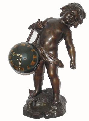 C.1890, French, Large Figural of a Small boy struggling to carry a large ball, and in which is mounted a time and strike clock (original). — Antique Clocks Price Guide