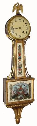 C.1925, Killam &amp; Co., Pawtucket, RI, 8-day mahogany/gold front banjo timepiece in generally good condition with original glasses. — Antique Clocks Price Guide