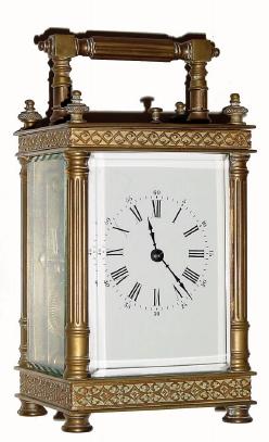 C.1900, French, Brass Cased Carriage Clock,  time, strike &amp; repeat, in a nice column case with bands of embossed brass trim at top and bottom. — Antique Clocks Price Guide