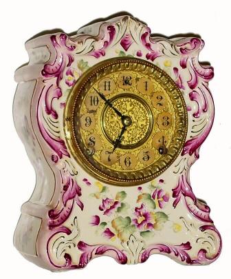 C.1895, William L. Gilbert Clock Co., "No. 414", 8-day time/strike porcelain mantel clock in clean as found condition with no signs of any damage. — Antique Clocks Price Guide