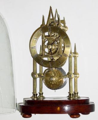 C.1860, English, Mini 1-Fusee Skeleton  clock in good original condition, except for the dome which is cracked and has a chunk out of the right side (really just a duct cover at this point). — Antique Clocks Price Guide