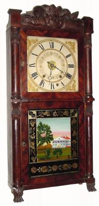 C.1833, Henry Terry, Plymouth, Conn., 8-day time/strike/alarm wood movement, double deck, carved crest shelf clock in very nice condition with an old finish. — Antique Clocks Price Guide
