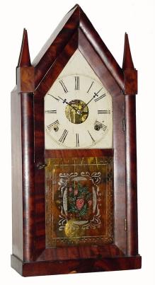 C.1845, Unknown, fusee steeple clock, 30-hour time &amp; strike. This is the rare 3/4 size mahogany veneered narrow case with some minor veneer repair and small chips in various places. — Antique Clocks Price Guide