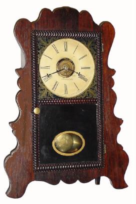 C.1852, E. &amp; A. Ingraham, Bristol, Conn., 8-day time &amp; strike scroll front shelf clock. — Antique Clocks Price Guide
