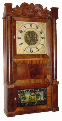 C.1840, Silas B. Terry, Plymouth, Conn., 8-day time/strike column and carved splat shelf clock. — Antique Clocks Price Guide