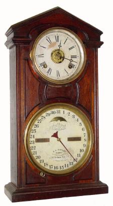 C.1874, Ithaca Calendar Clock Co., "Ithaca No. 7 Shelf Cottage", 8-day time/strike/alarm walnut calendar clock in pretty good condition with old finish. — Antique Clocks Price Guide