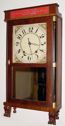 C.1830, Silas Hoadley, Plymouth, Conn., 30-hour wood movement time/strike shelf clock in very nice refinished condition. — Antique Clocks Price Guide