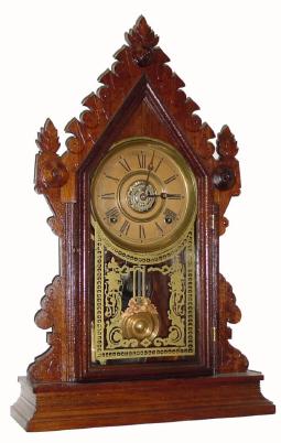 C.1904, E. Ingraham &amp; Co., "Cadet", 8-day time/strike/alarm refinished walnut mantel clock in very nice condition. — Antique Clocks Price Guide