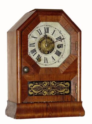 C.1866, Seth Thomas Clock Co., Plymouth Hollow, Conn., "Octagon Top" 30-hour time/alarm rosewood veneer cottage clock in fair to good condition. — Antique Clocks Price Guide