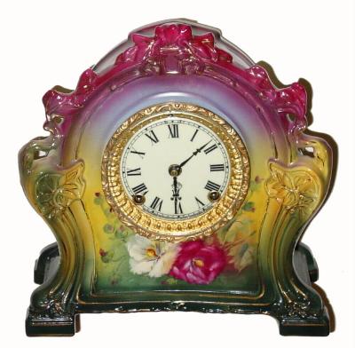 C.1904, Ansonia Clock Co., "La Chartres", 8-day time/strike porcelain mantel clock in good condition with most of the applied gilt work intact. — Antique Clocks Price Guide