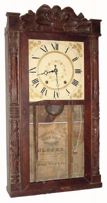 C.1835, Henry Terry &amp; Co., Plymouth, Conn., 30-hour time/strike wood movement carved columns and splat shelf clock in good condition. — Antique Clocks Price Guide
