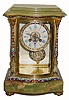 C.1900, French, Onyx & Brass, Bow Front crystal regulator with Corinthian columns and profuse enamel inlay, including portrait pendulum with both enamel and brilliant ring. This clock is in good original condition.