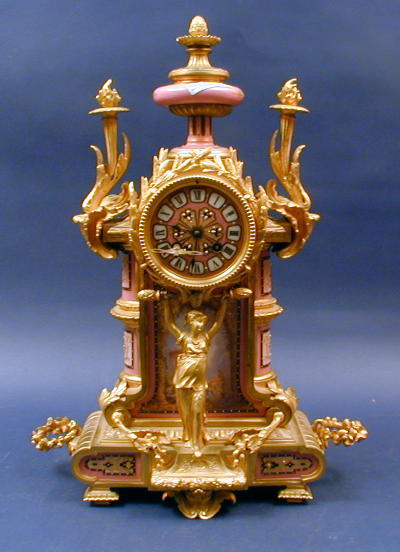 A 19th CENTURY FRENCH PORCELAIN AND DORE GARNITURE CLOCK. — Antique Clocks Price Guide