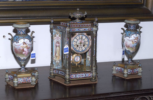 A LOUIS XVI STYLE GILT-BRONZE MOUNTED PORCELAIN, CHAMPLEVE AND 'JEWELED' THREE PIECE CLOCK GARNITURE, The works stamped Japy Freres. — Antique Clocks Price Guide