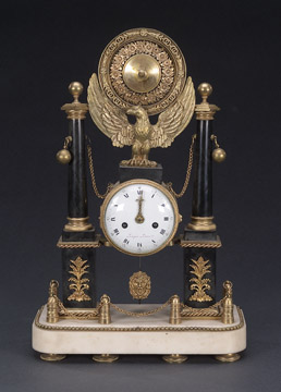 A FRENCH GILT BRONZE AND MARBLE MANTEL CLOCK, 19th century, dial inscribed 'Roque A Paria', movement impressed 'Roque a PARIS N. 1282', pendulum impressed '6204'. — Antique Clocks Price Guide