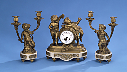 A LOUIS XV STYLE GILT BRONZE AND MARBLE THREE-PIECE CLOCK GARNITURE, late 19th century, after Clodion, the works stamped, 'SH Paris'. — Antique Clocks Price Guide