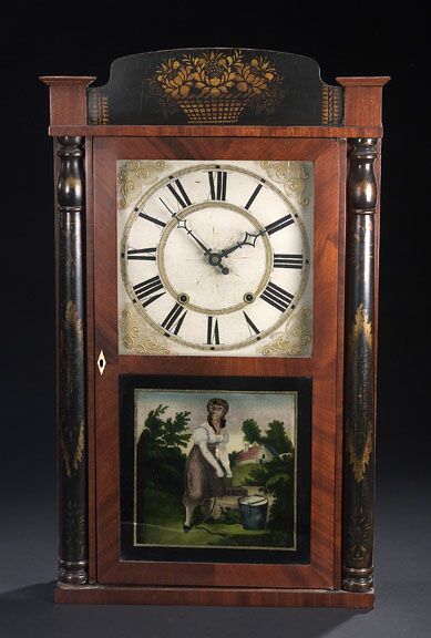 CLASSICAL PAINTED, STENCILED AND MAHOGANY VENEERED SHELF CLOCK, New England, circa 1820. — Antique Clocks Price Guide