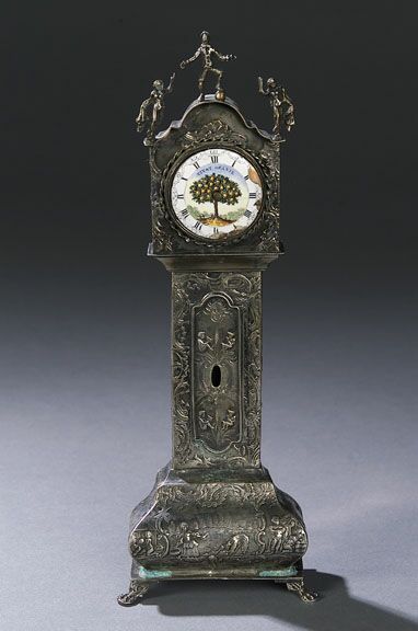 A DUTCH SILVER MINIATURE TALL CASE CLOCK, late 19th century. — Antique Clocks Price Guide