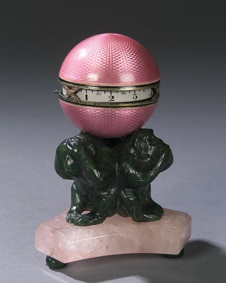A FABERGE STYLE JADE, ROSE QUARTZ AND PINK ENAMEL TABLE CLOCK, Geneva Clock Co., Switzerland. — Antique Clocks Price Guide