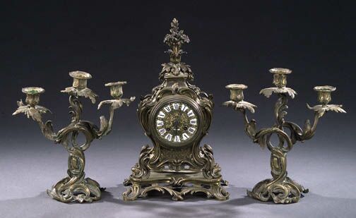 A LOUIS XV STYLE BRONZE THREE-PIECE MANTEL GARNITURE, late 19th century, movement impressed EB, dial inscribed Emile Vie &amp; Cie/Paris. — Antique Clocks Price Guide