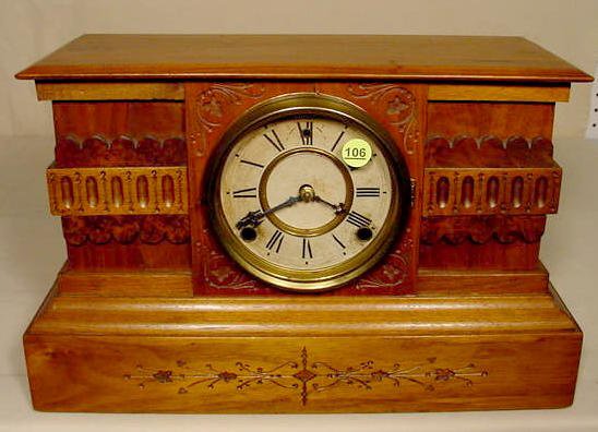 Gilbert Veda walnut mantle clock: interesting pull button on left side; — Antique Clocks Price Guide