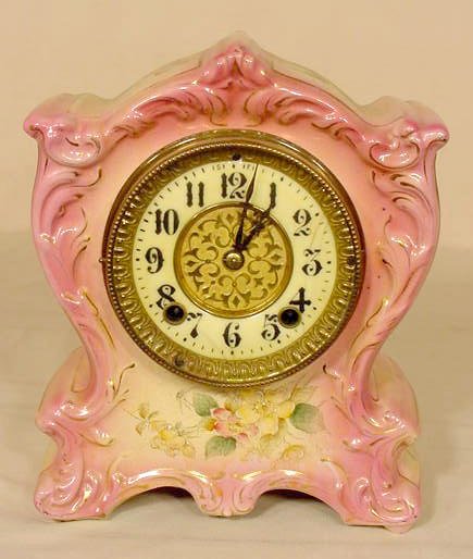 Gilbert No. 413 Wild Rose decorated china case clock: — Antique Clocks Price Guide