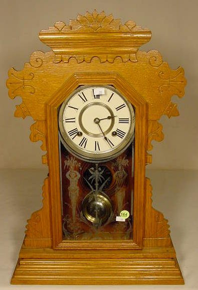 Ansonia oak parlor clock: nice door glass. — Antique Clocks Price Guide