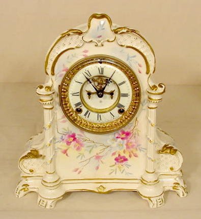 Ansonia Royal Bonn floral china case clock: open escapement. — Antique Clocks Price Guide