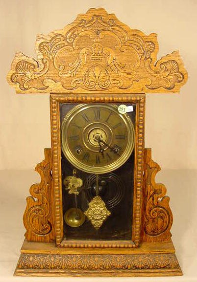Sessions pressed oak shelf clock with alarm. — Antique Clocks Price Guide