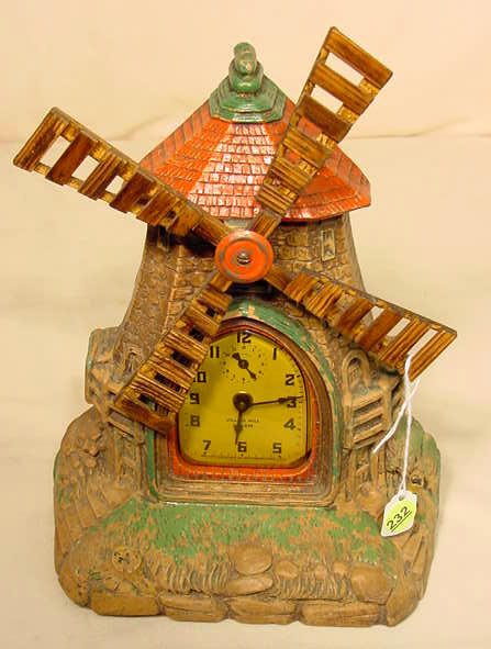 Lux Village Mill alarm clock: last Pat. 1920; Deluxe Art Clocks; — Antique Clocks Price Guide