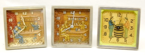 3 Lux Alarm Clocks Happy Days and Bar Scene — Antique Clocks Price Guide