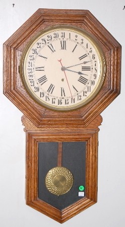 Oak Time and Calendar Long Drop Schoolhouse Clock — Antique Clocks Price Guide