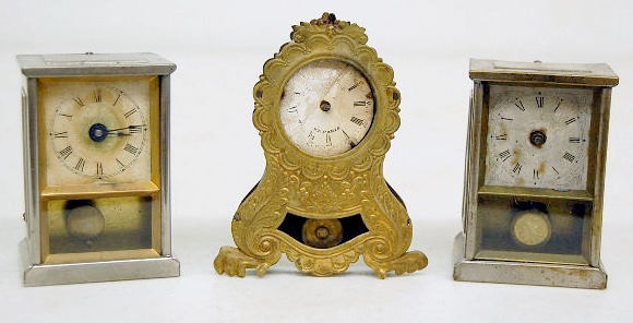 3 Miniature Antique Metal Case Novelty Clocks — Antique Clocks Price Guide