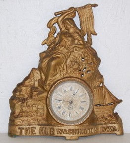Iron Clock Advertising Washington, IA "The Hub" — Antique Clocks Price Guide